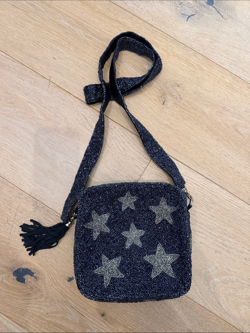 Moyna Navy Beaded Star Crossbody Bag with Metallic Accents